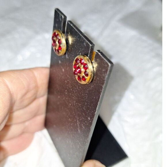 Monet Vintage Stud Post Pierced Earrings Red Rhinestone Minimalist Elegant - Picture 2 of 7